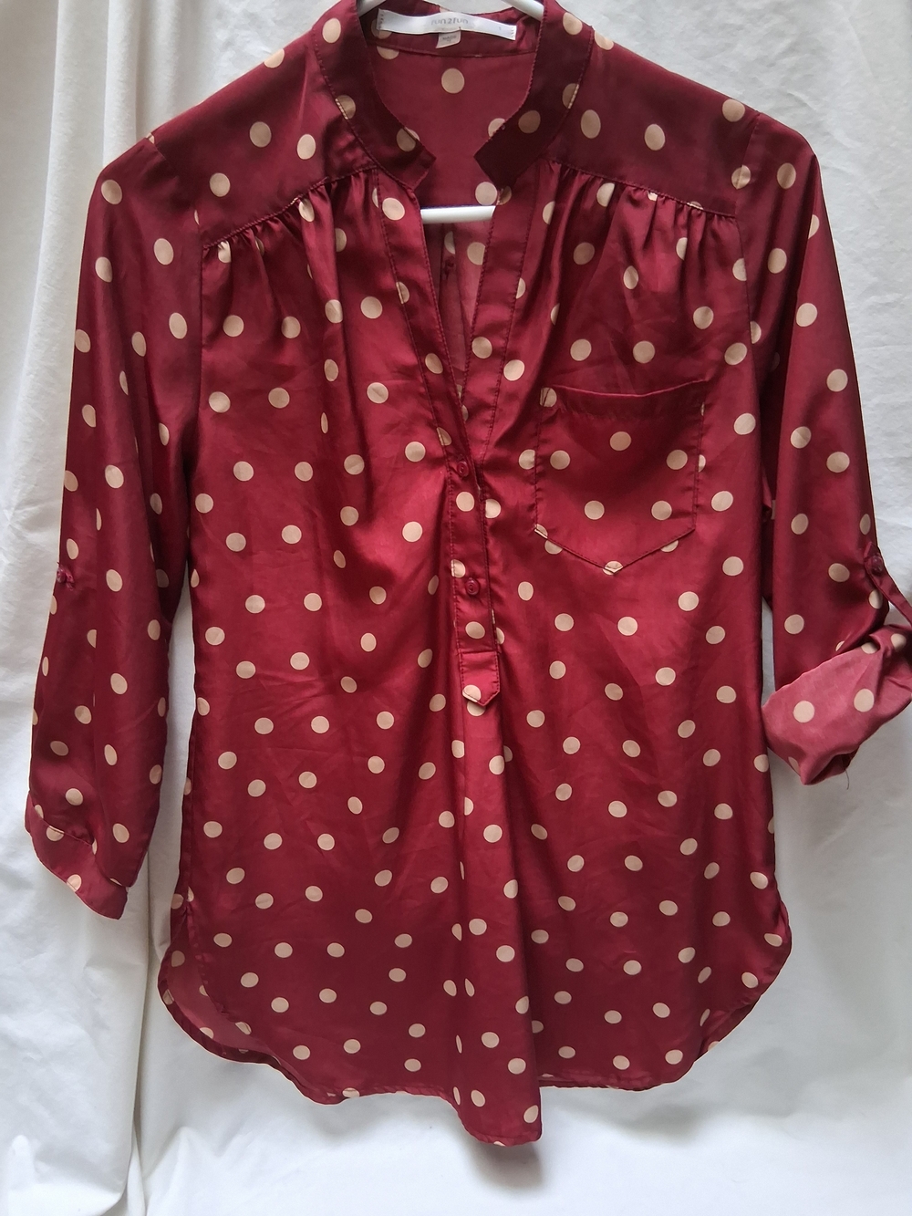 Fun 2 Fun Women’s Burgundy Polka Dot Satin Blouse